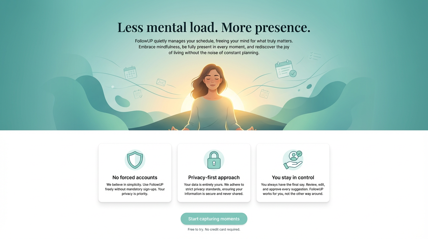 Less mental load. More presence. FollowUP quietly manages your schedule, freeing your mind for what truly matters. Features: No forced accounts, Privacy-first approach, You stay in control.